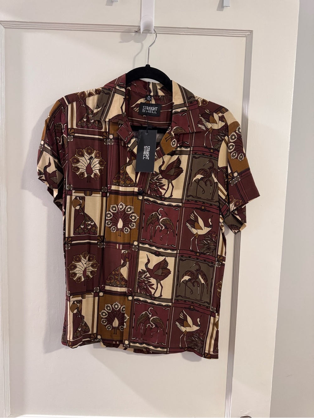 Straight to Hell Women's Short Sleeve Button-Down Shirt - Burgundy Multi